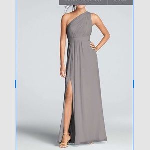 Grey David’s bridal long one shoulder crinkle dres